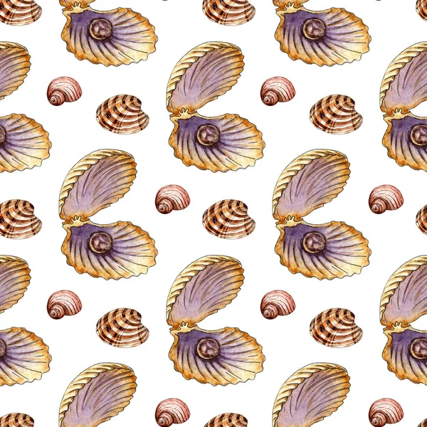 Watercolor Illustration Pattern Seamless Seashells Pearl Beige Tones Endlessly Repeating — Stock Vector