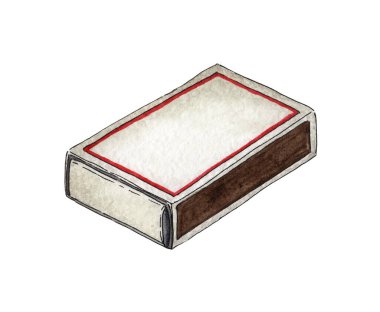 Kırmızı kibritlerle dolu kapalı bir kibrit kutusunun suluboya çizimi. Alevi al. Ateşi yakın. Yanmış tahta sopa. El çizimleri. Beyaz arka planda izole edilmiş. Elle çizilmiş..