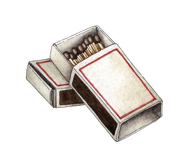 Υδατογραφία Απεικόνιση Των Δύο Matchbox Γεμάτο Κόκκινα Σπίρτα Φέρε Φλόγα — Φωτογραφία Αρχείου