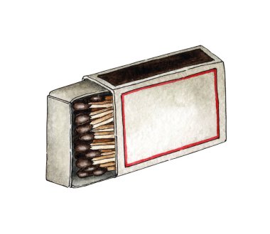 Kırmızı kibritlerle dolu bir kibrit kutusunun suluboya çizimi yan yatıyordu. Alevi al. Ateşi yakın. Yanmış tahta sopa. El çizimleri. Beyaz arka planda izole edilmiş. Elle çizilmiş..