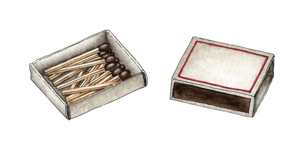 Watercolor Illustration Open Matchbox Full Red Matches Get Flame Light — Stock Photo, Image