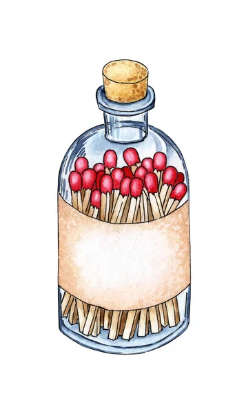 Акварельна Ілюстрація Скляна Пляшка Сірниками Ручної Роботи Візьми Полум Запаліть — стокове фото