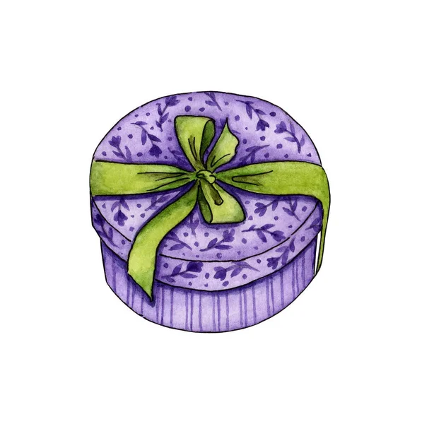 Watercolor Illustration Small Purple Box Floral Print Green Ribbon Gift — Stock Photo, Image