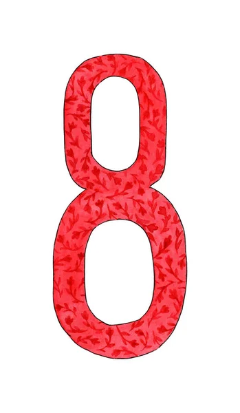 Ilustrasi Warna Air Warna Merah Nomor Delapan Dalam Bunga Cat — Stok Foto