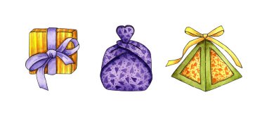 Çiçek izli küçük karton kutuların suluboya çizimi. İltifat ya da hediye olarak el boyaması yapılmış bir hediye kutusu. Beyaz arka planda izole edilmiş. Elle çizilmiş..