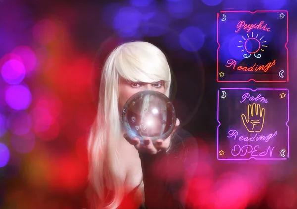 Psychic Blond Hair Crystal Ball Vintage Neon Lights Background — Stock Photo, Image