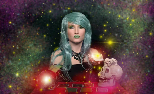 Psychic Green Hair Crystal Ball Tarot Cards Fortune Teller — Stock Photo, Image