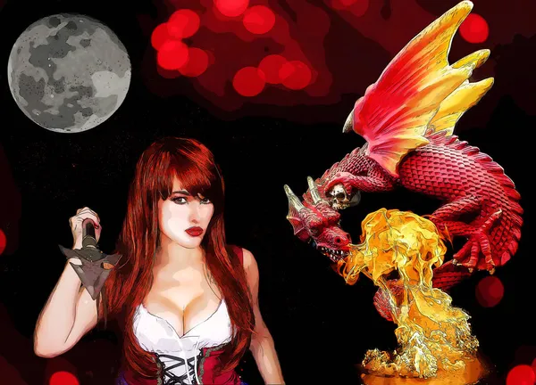 Mujer Guerrera Cazadora Dragón Con Lanza Ilustración Dragón — Foto de Stock