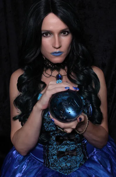 Woman Blue Corset Dress Crystal Ball — Stock Photo, Image