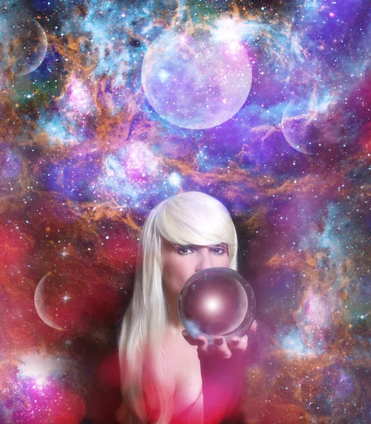 Psychic Blond Hair Crystal Ball Space Galaxy — Stock Photo, Image