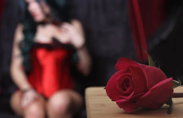 Red Rose Woman Red Corset Background Shallow Dof — Stock Photo, Image