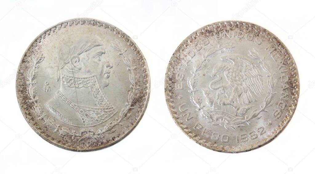 1962 1 Peso Coin From Mexico Isolated on White Background