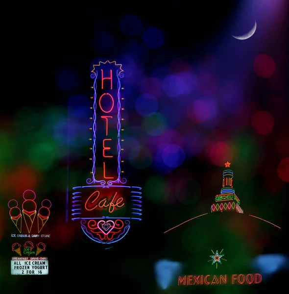 Мультивизуальные Композиции Неоновые Фотокомпозиции Отель Neon Signs Магазин Мороженого Мексиканский — стоковое фото
