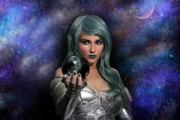 Psychic Blue Hair Crystal Ball — Stock Photo, Image