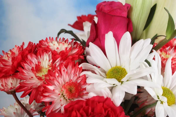 Bloemenboeket Met Rode Witte Bloemen Blauwe Lucht Achtergrond — Stockfoto
