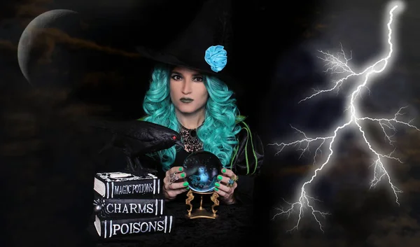 Green Hair Witch Crystal Ball Spell Books — Stock Photo, Image