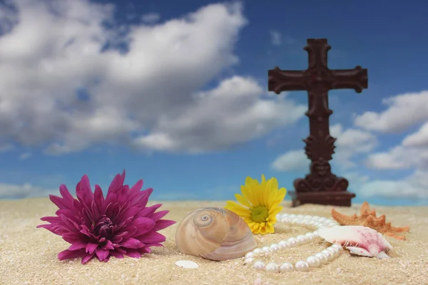 Coquilles de mer avec croix sur sable, peu profond DOF Focus sur les coquilles — Photo