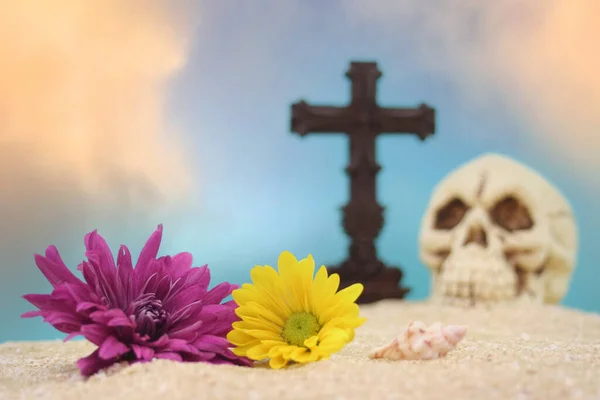 Fleurs avec crâne et croix sur sable avec fond bleu — Photo