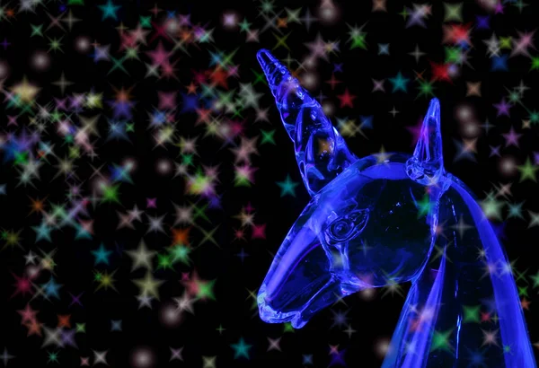 Glass Unicorn Black Background Blue Light — Zdjęcie stockowe