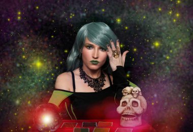 Yeşil saçlı, kristal küreli ve tarot kartlı bir medyum. Falcı