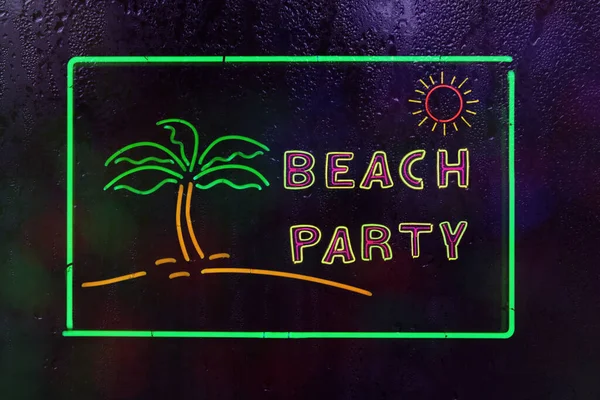 Vintage Neon Beach Party Sign Rainy Window — Fotografia de Stock