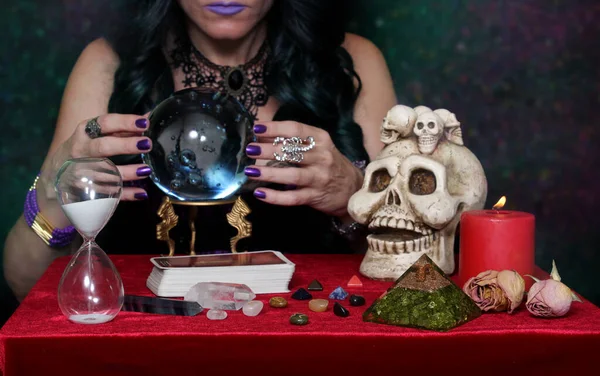 Psychic Crystal Ball Tarot Cards Galaxy Background — Stock Photo, Image