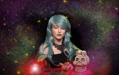 Yeşil saçlı, kristal küreli ve tarot kartlı bir medyum. Falcı