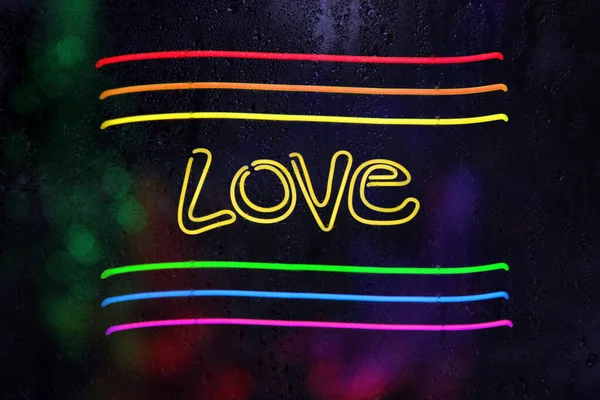 Neon Love Sign Neon Rainbow Lgbt Colors Rainy Window — Stock fotografie