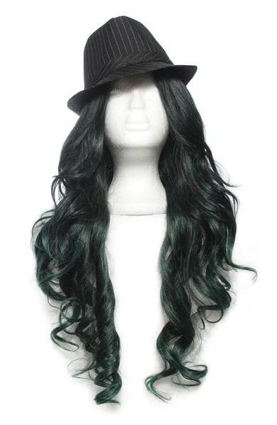 Chapeau Fedora Classique Sur Tête Mannequin Avec Cheveux Noirs Verts — Photo