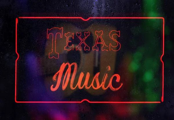 Neon Texas Musica Accedi Pioggia Finestra Bagnata — Foto Stock