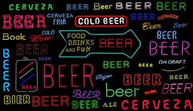 Siyah Arkaplanda Vintage Neon Bira İşaretleri Koleksiyonu