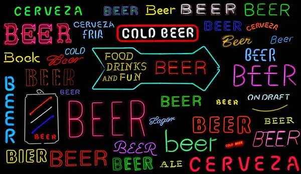 Collezione di Segni Vintage Neon birra su sfondo nero — Foto Stock