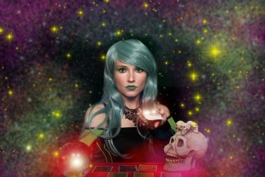 Yeşil saçlı, kristal küreli ve tarot kartlı bir medyum. Falcı