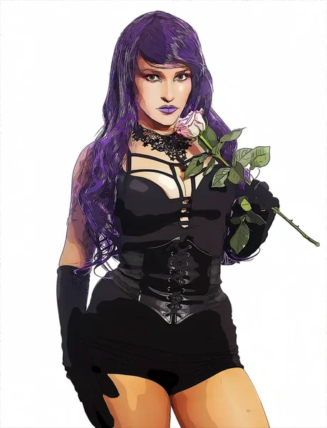 Woman Black Corset Purple Hair White — Stock Photo, Image