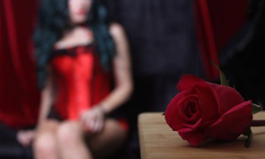 Arka planda Kırmızı Korseli Kırmızı Gül, Sığ DOF