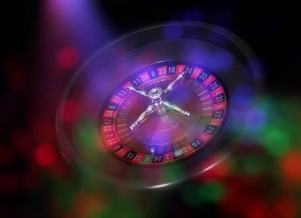 Casino Games Met Kleurrijke Bokeh Party Lights Roulette Wiel — Stockfoto