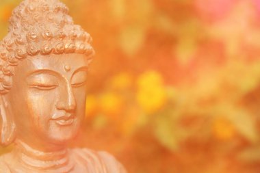 Bahçedeki bulanık çiçekli Buda Heykeli