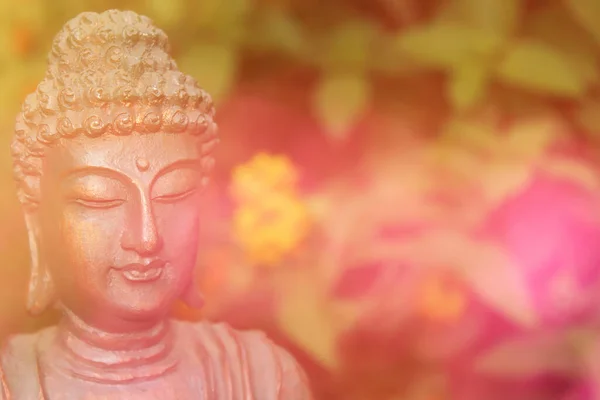 Estatua Buda Jardín Con Flores Borrosas Fondo —  Fotos de Stock