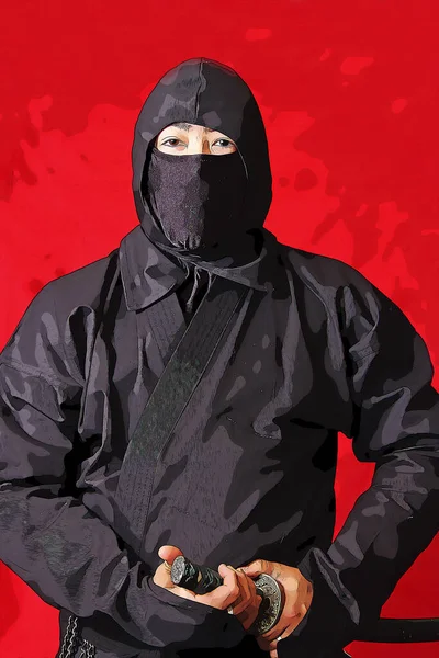 Ninja Met Zwaard Zwart Kostuum Zwarte Zwarte Achtergrond — Stockfoto