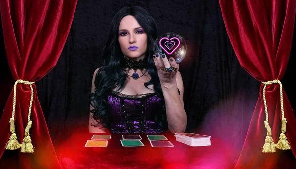 Psychic Crystal Ball Tarot Cards Red Velvet Curtain — стокове фото