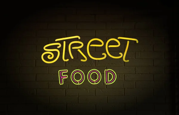 Vintage Neon Street Food Sign Brick Wall — Stock Fotó