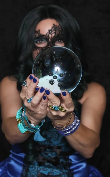 Woman Blue Corset Dress Crystal Ball — Stock Photo, Image