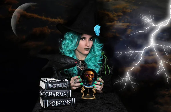Green Hair Witch Crystal Ball Spell Books — Stock Photo, Image