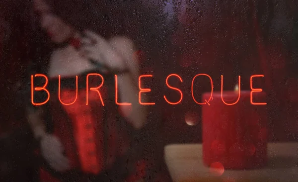 Vintage Neon Burlesque Sign Rainy Wet Window — Stock Photo, Image