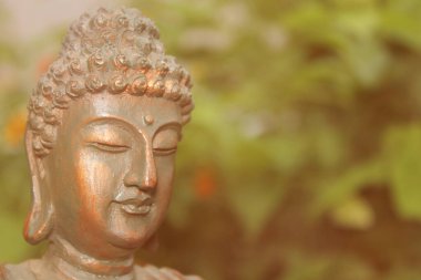 Bahçedeki bulanık çiçekli Buda Heykeli