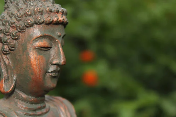 Statua Buddha Giardino Con Sfondo Fiori Sfocati — Foto Stock