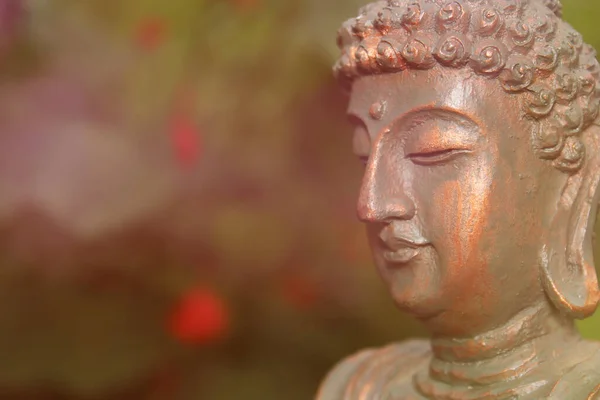 Buddha Socha Zahradě Rozmazanými Květy Pozadí — Stock fotografie