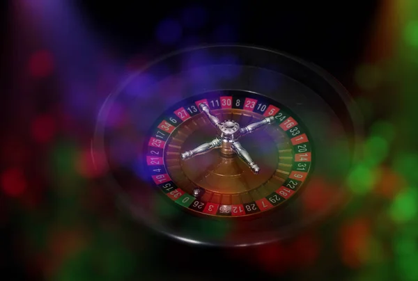 Kasino Spel Med Färgglada Bokeh Party Lights Roulette Hjul — Stockfoto