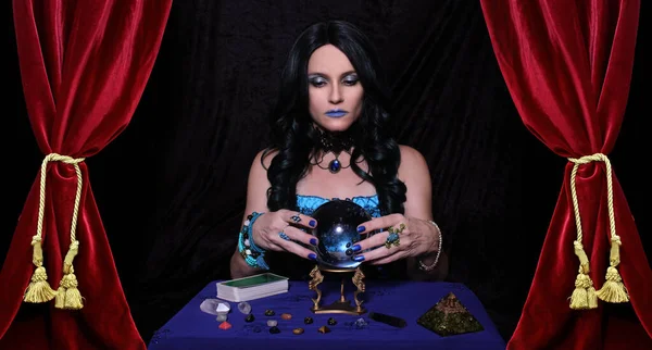 Psychic with Crystal Ball and tarot cards in Red Velvet Tent — Stock Photo, Image