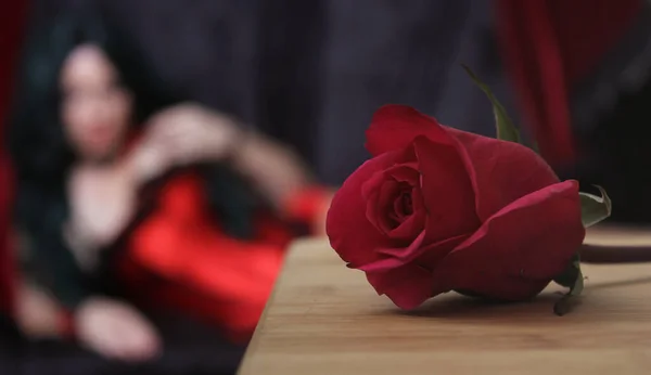 Red Rose With Woman in Red Corset in Background — Stock Photo, Image